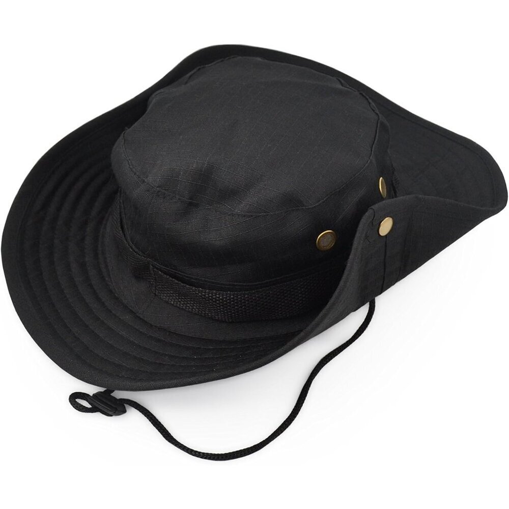 Unisex Black 100%Polyester Wide Brim Boonie With Chin Strap Classic Bush Sun Hat